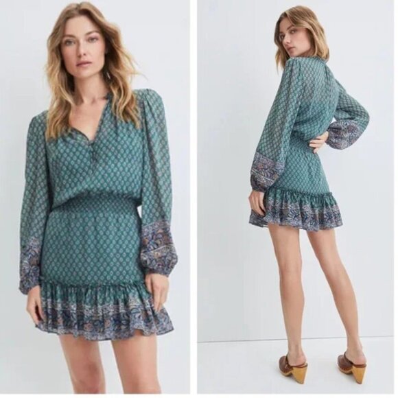 Veronica Beard Destiny Dress 100% Silk Printed Long Sleeve Mini Blouson Green 8